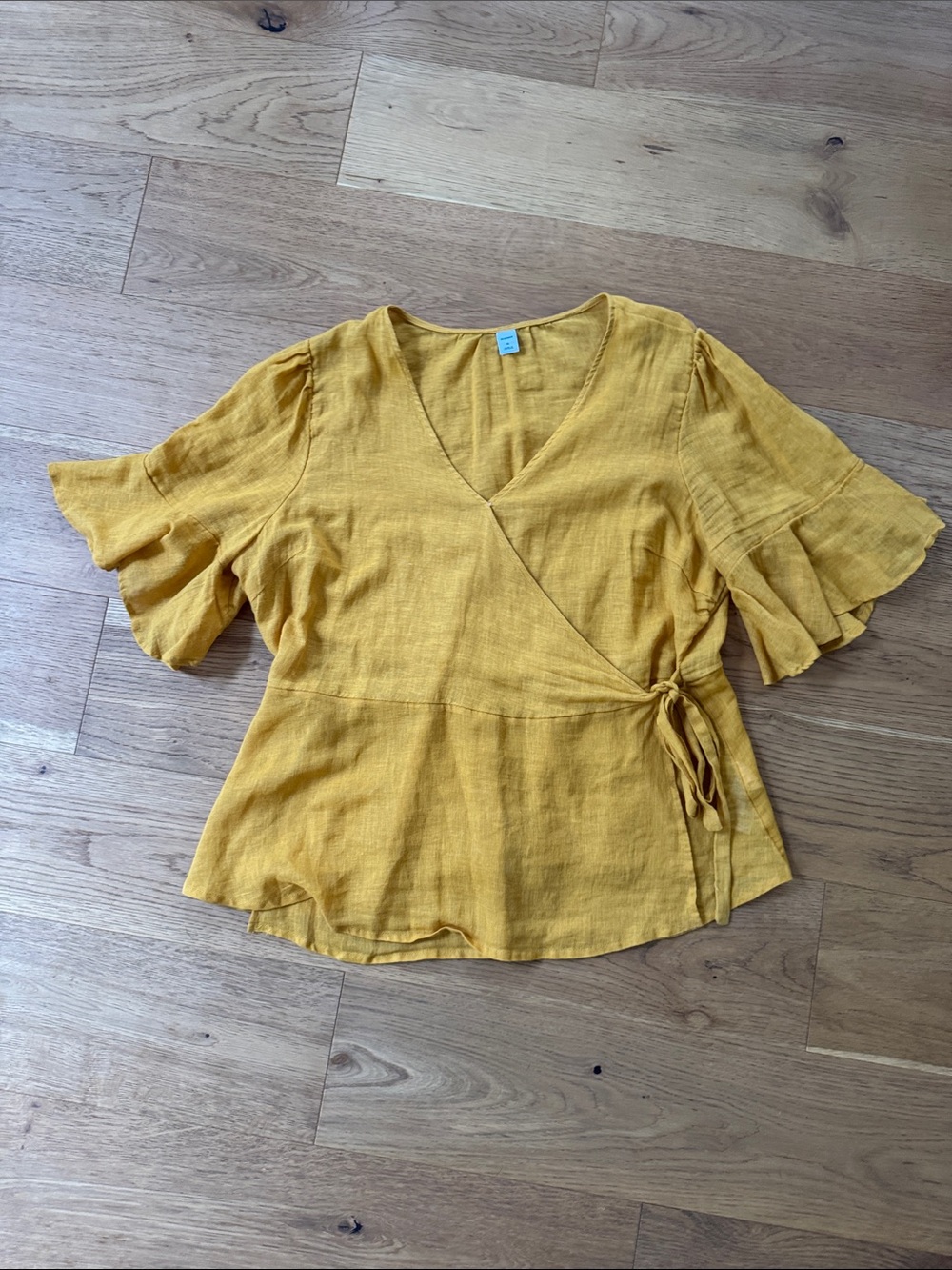 Old Navy Mustard Yellow Wrap Blouse with Ruffle Sleeves